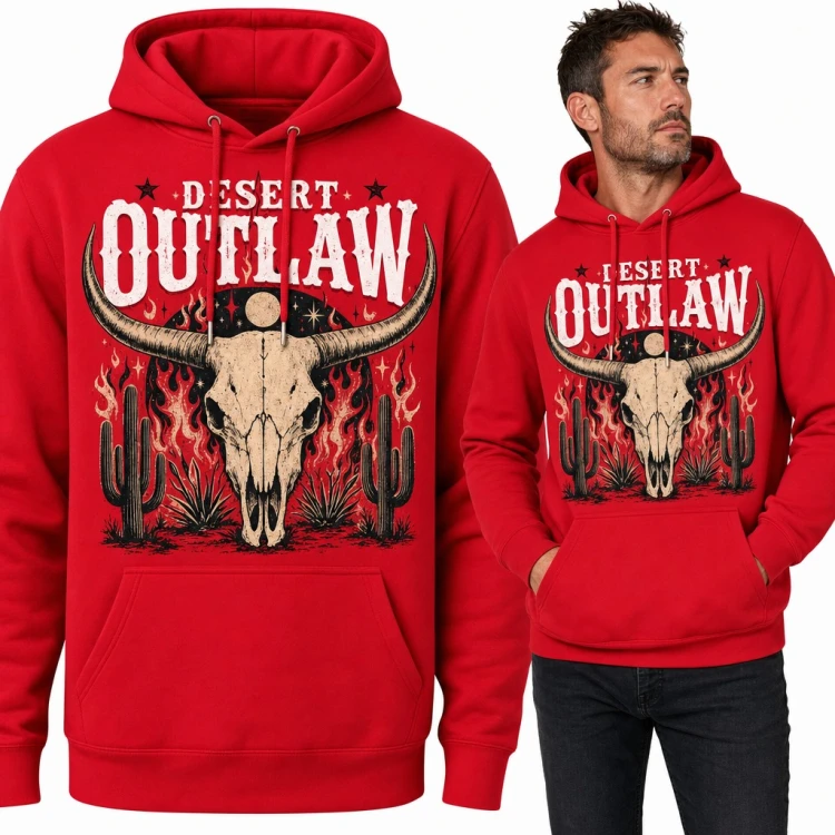 Bluza męska z kapturem - czaszka byka z kaktusami w stylu western „Desert Outlaw”