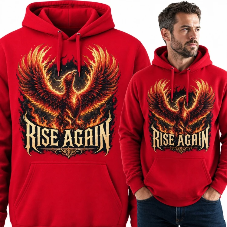 Bluza męska z kapturem - ognisty feniks z napisem „Rise Again”