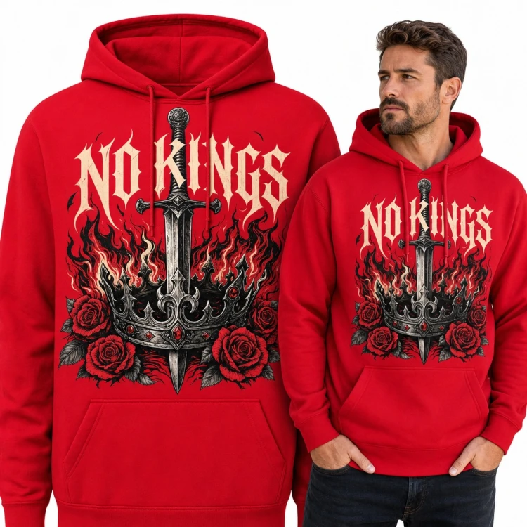 Bluza męska z kapturem - „No Kings” z mieczem w płonącej koronie i różami