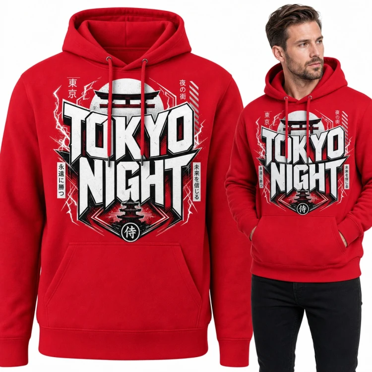 Bluza męska z kapturem „Tokyo Night” - brama torii, pagoda i znak samuraja