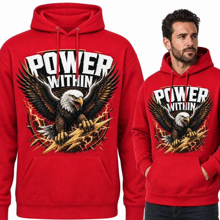 Bluza męska z kapturem - orzeł z błyskawicami i napisem „Power Within”