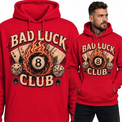 Bluza męska z kapturem - „Bad Luck Club” z płonącą bilą 8 i kartami dla pokerzysty