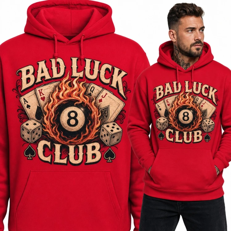 Bluza męska z kapturem - „Bad Luck Club” z płonącą bilą 8 i kartami dla pokerzysty