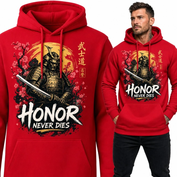 Bluza męska z kapturem - samuraj z kataną i sakurą „Honor never dies”