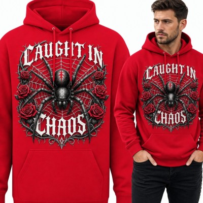 Bluza męska z kapturem - pająk na pajęczynie wśród róż „Caught in chaos”