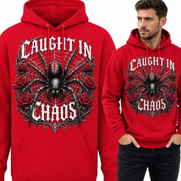 Bluza męska z kapturem - pająk na pajęczynie wśród róż „Caught in chaos”