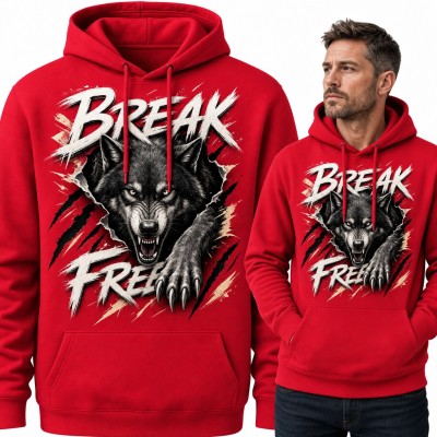 Bluza męska z kapturem - wilk przebijający materiał i napis „Break free”