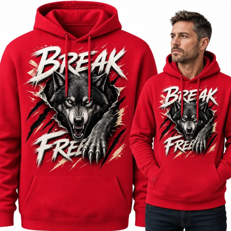 Bluza męska z kapturem - wilk przebijający materiał i napis „Break free”