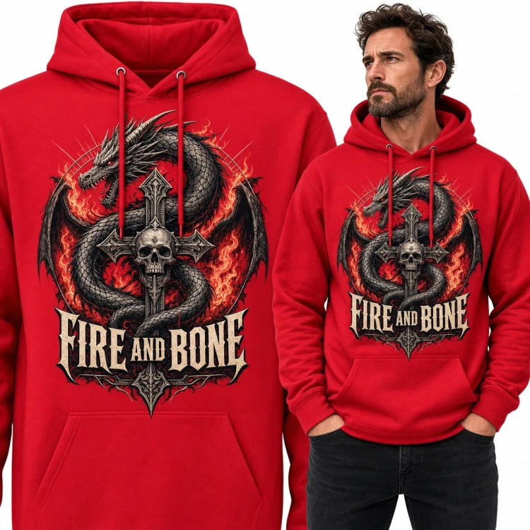 Bluza męska z kapturem - smok z gotyckim krzyżem i czaszką „Fire and Bone”