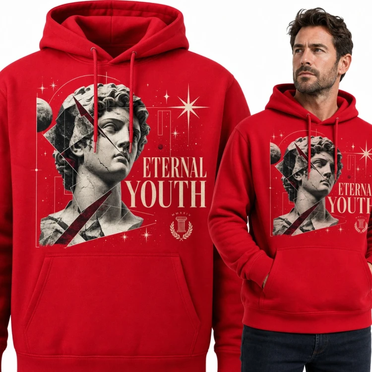 Bluza męska z kapturem - antyczna rzeźba w kosmicznym kolażu „Eternal Youth”