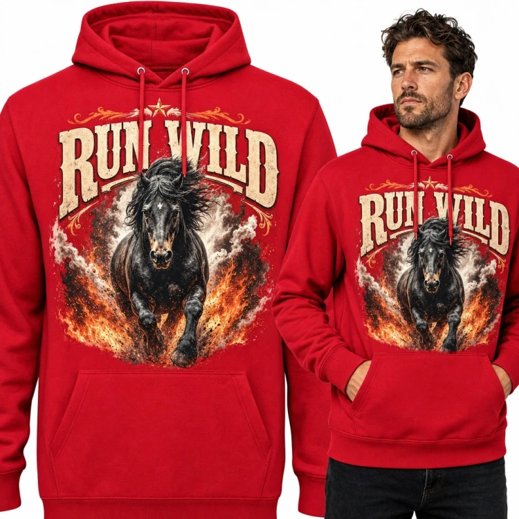 Bluza męska z kapturem „Run Wild” - czarny mustang w płomieniach