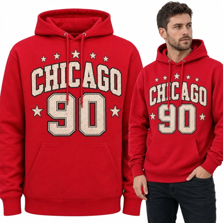 Bluza męska z kapturem „Chicago 90” - napis varsity z gwiazdkami w stylu retro