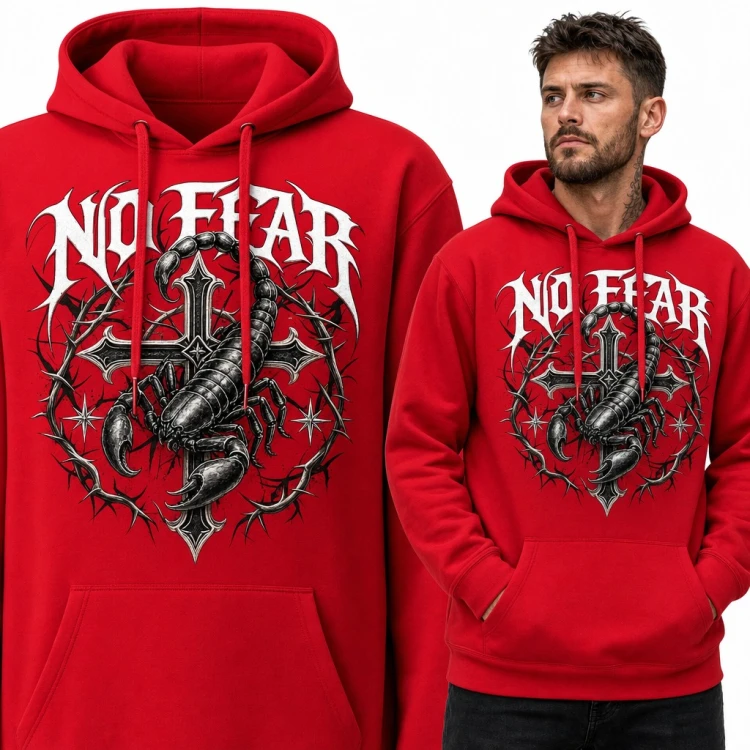 Bluza męska z kapturem - skorpion na gotyckim krzyżu „No Fear”
