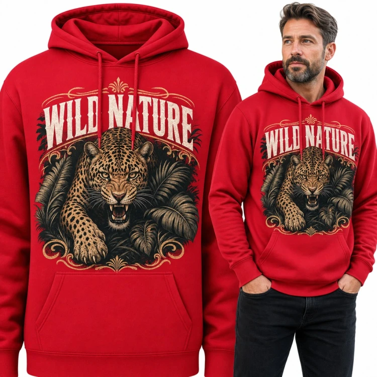 Bluza męska z kapturem - ryczący lampart w dżungli „Wild Nature”