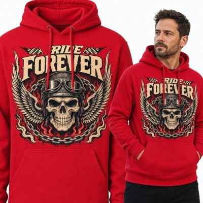 Bluza męska z kapturem - czaszka w kasku ze skrzydłami „Ride forever” dla motocyklisty