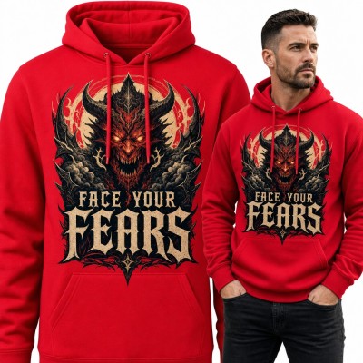 Bluza męska z kapturem - rogaty demon w stylu metalowym „Face your fears”