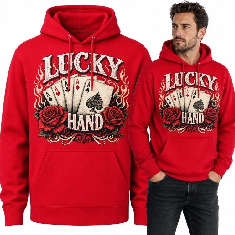 Bluza męska z kapturem - poker i cztery asy z różami „Lucky Hand”