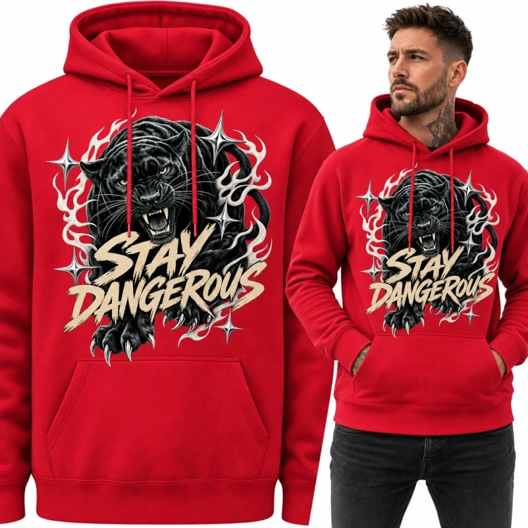 Bluza męska z kapturem - czarna pantera z pazurami i napis „Stay Dangerous”