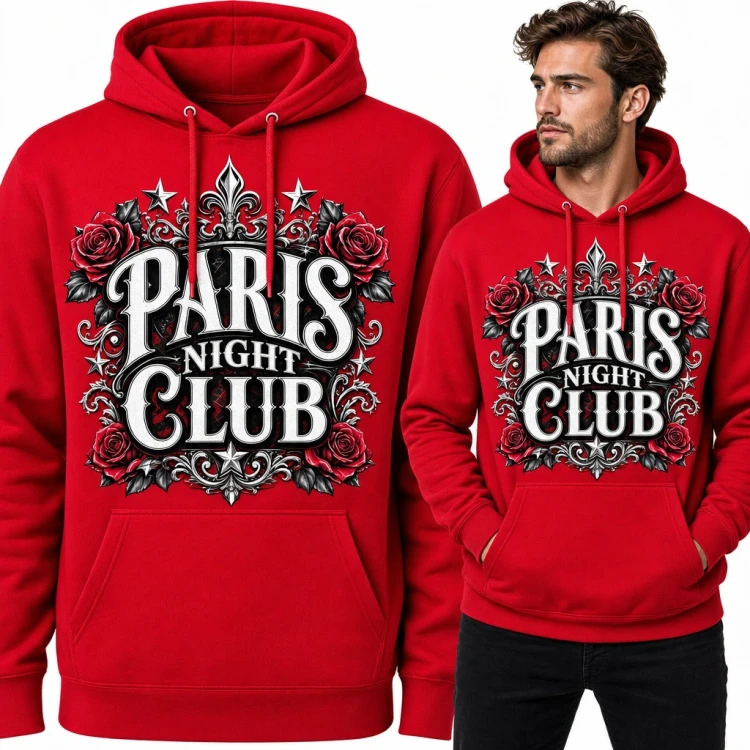 Bluza męska z kapturem „Paris Night Club” - ozdobny napis z różami i lilią