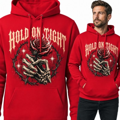 Bluza męska z kapturem - szkieletowa dłoń z płonącą różą w cierniach „Hold on tight”