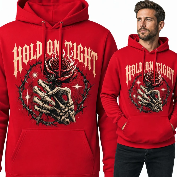 Bluza męska z kapturem - szkieletowa dłoń z płonącą różą w cierniach „Hold on tight”