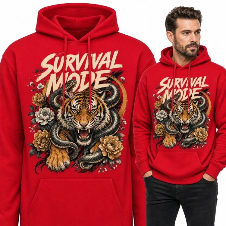 Bluza męska z kapturem - tygrys i wąż z piwoniami „Survival mode”
