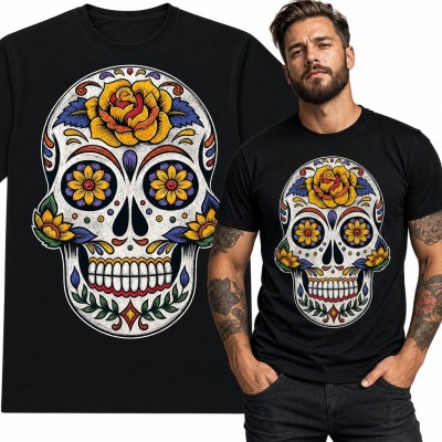 Koszulka męska z czaszką calavera, różą i kwiatami - meksykański motyw
