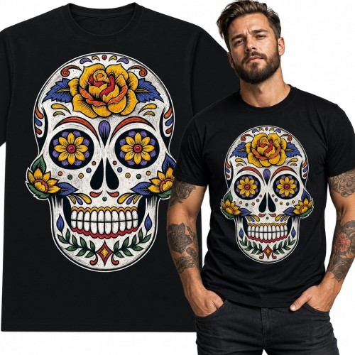 Koszulka męska z czaszką calavera, różą i kwiatami - meksykański motyw
