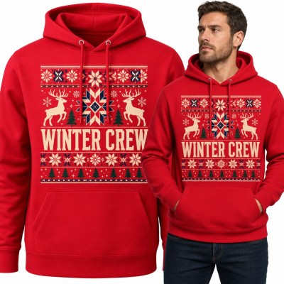 Bluza męska z kapturem - „Winter crew” ze świątecznym wzorem norweskim i reniferami
