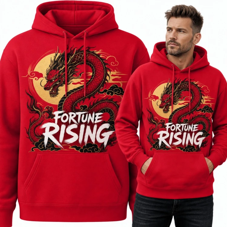 Bluza męska z kapturem - chiński smok i złote słońce „Fortune rising”