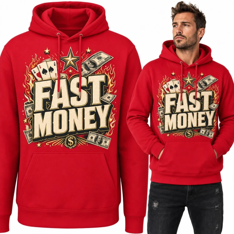 Bluza męska z kapturem „Fast Money” - asy pik, dolary i płomienie dla pokerzysty