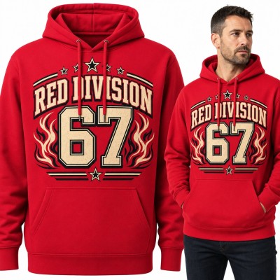 Bluza męska z kapturem - „Red Division 67” w stylu college z płomieniami