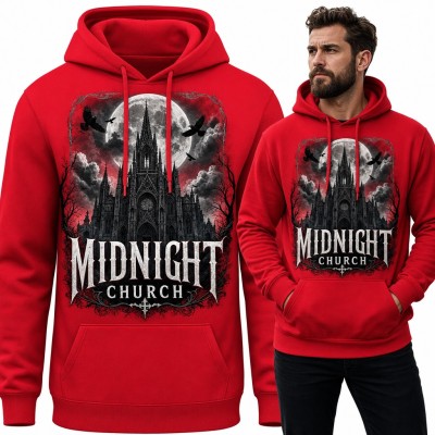 Bluza męska z kapturem - gotycka katedra w pełni księżyca z krukami „Midnight Church”