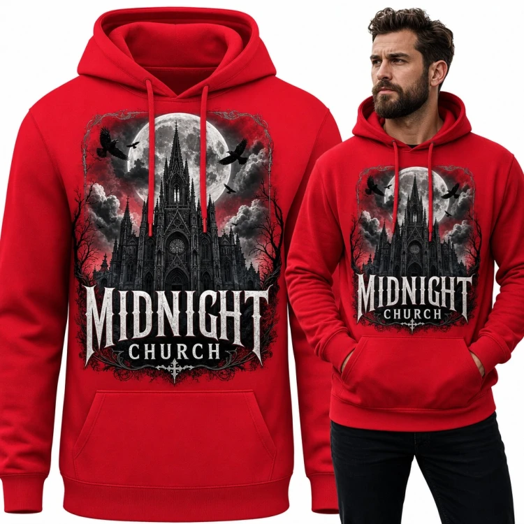 Bluza męska z kapturem - gotycka katedra w pełni księżyca z krukami „Midnight Church”