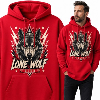 Bluza męska z kapturem „Lone Wolf Club” - warczący wilk i błyskawice