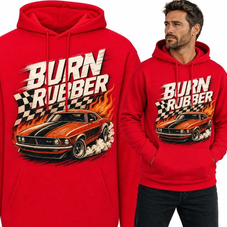 Bluza męska z kapturem - retro muscle car w płomieniach z napisem „Burn Rubber”