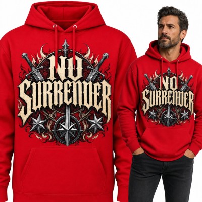 Bluza męska z kapturem - „No Surrender” gotycki napis ze skrzyżowanymi mieczami