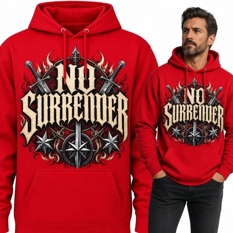 Bluza męska z kapturem - „No Surrender” gotycki napis ze skrzyżowanymi mieczami