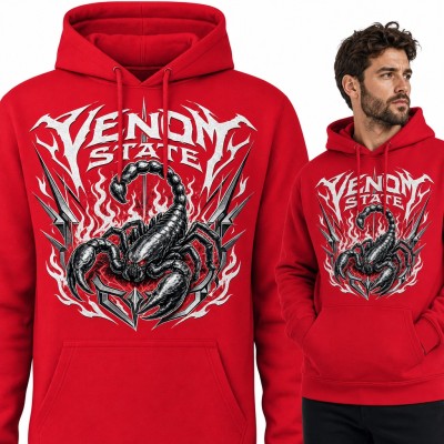Bluza męska z kapturem - czarny skorpion w płomieniach i metalowy napis „Venom State”