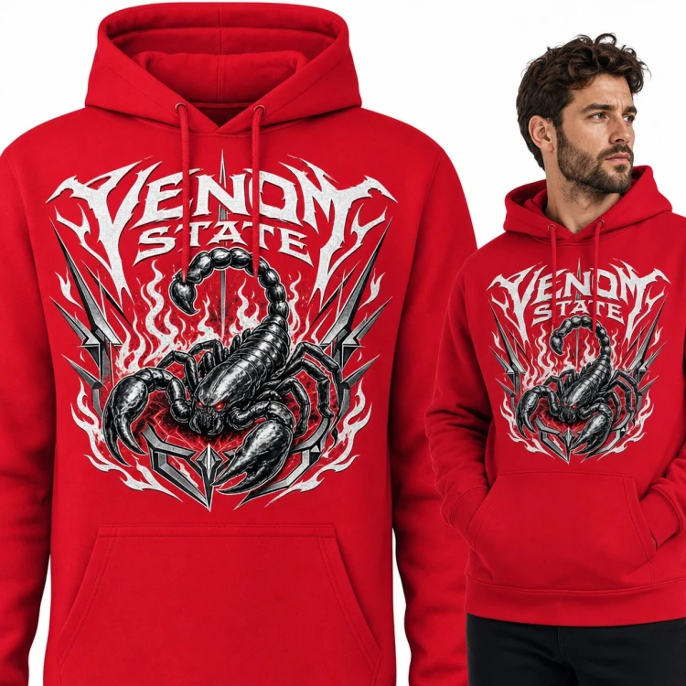 Bluza męska z kapturem - czarny skorpion w płomieniach i metalowy napis „Venom State”