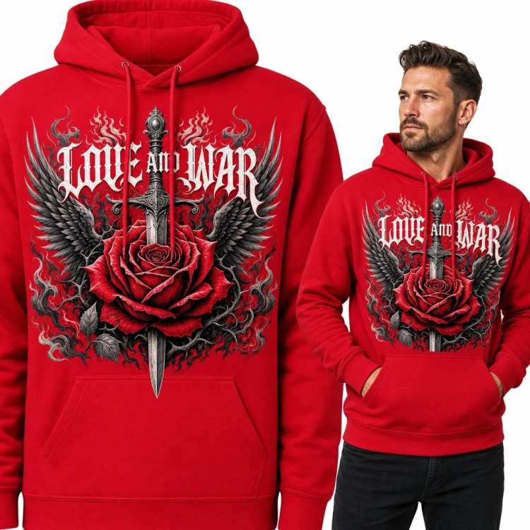 Bluza męska z kapturem „Love and War” - róża przebita mieczem i skrzydła