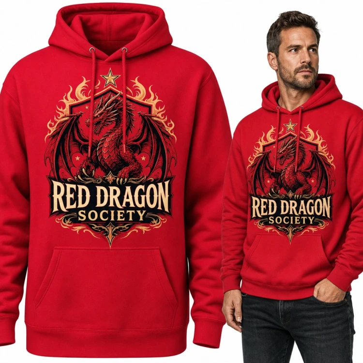 Bluza męska z kapturem - czerwony smok w płomieniach „Red Dragon Society”