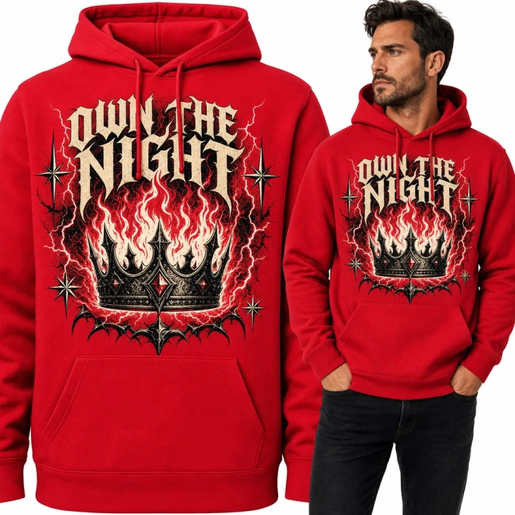 Bluza męska z kapturem - płonąca korona i napis „Own the night” w stylu metalowym