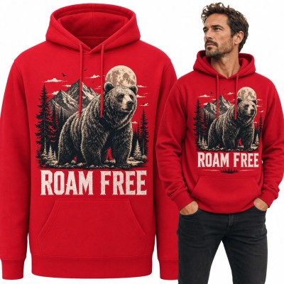 Bluza męska z kapturem - niedźwiedź grizzly w górach pod księżycem „Roam free”