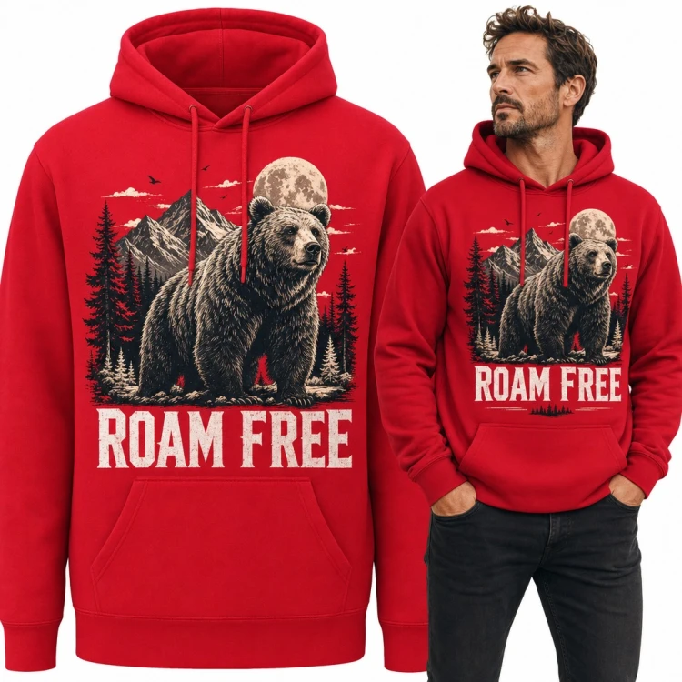 Bluza męska z kapturem - niedźwiedź grizzly w górach pod księżycem „Roam free”