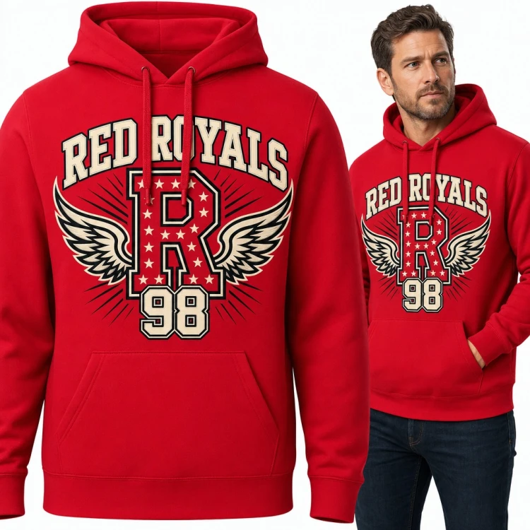 Bluza męska z kapturem - „Red Royals” w stylu varsity ze skrzydłami i numerem 98