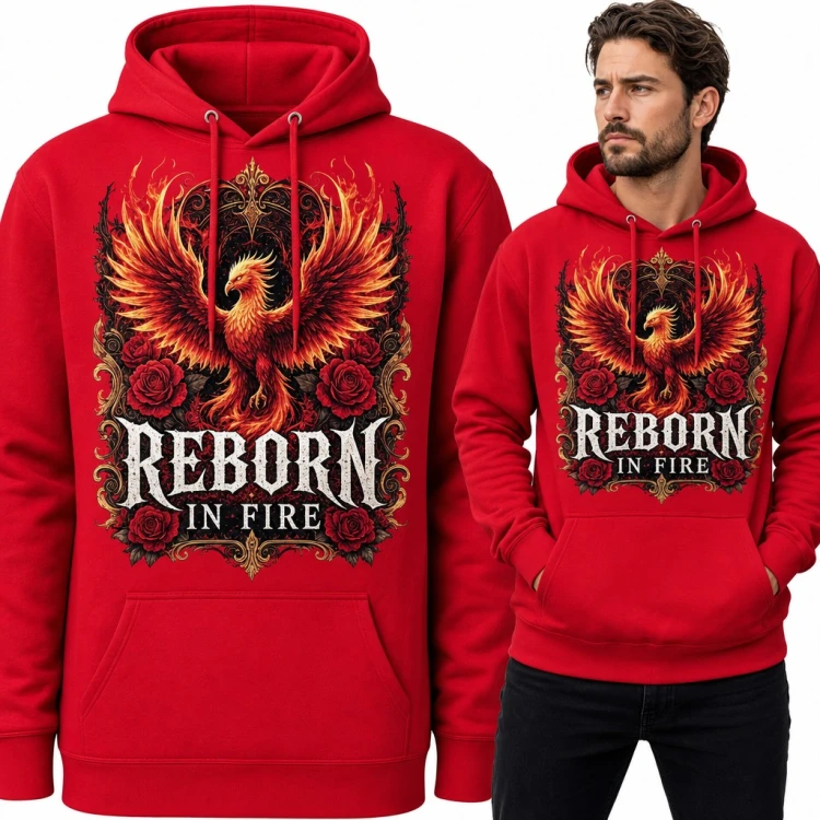 Bluza męska z kapturem - feniks w płomieniach i róże „Reborn in Fire”