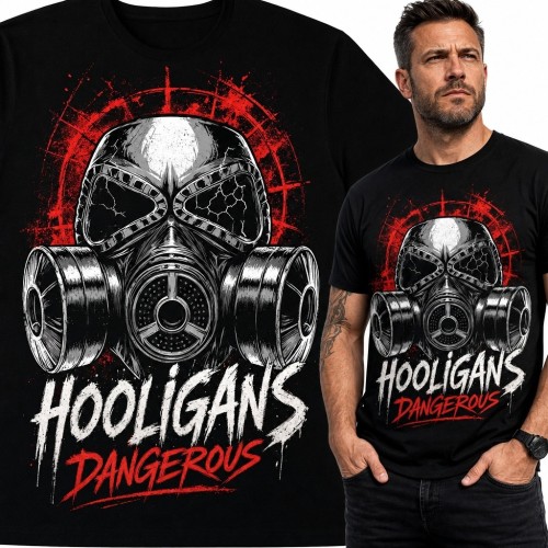 Koszulka męska z maską przeciwgazową „Hooligans” i „Dangerous” - mroczny streetwear
