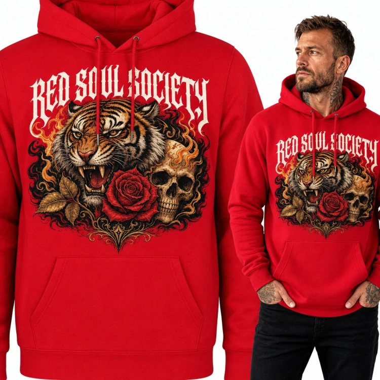 Bluza męska z kapturem - tygrys z czaszką i różą „Red Soul Society”