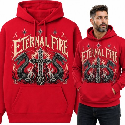 Bluza męska z kapturem - gotycki krzyż i dwa smoki w ogniu „Eternal Fire”